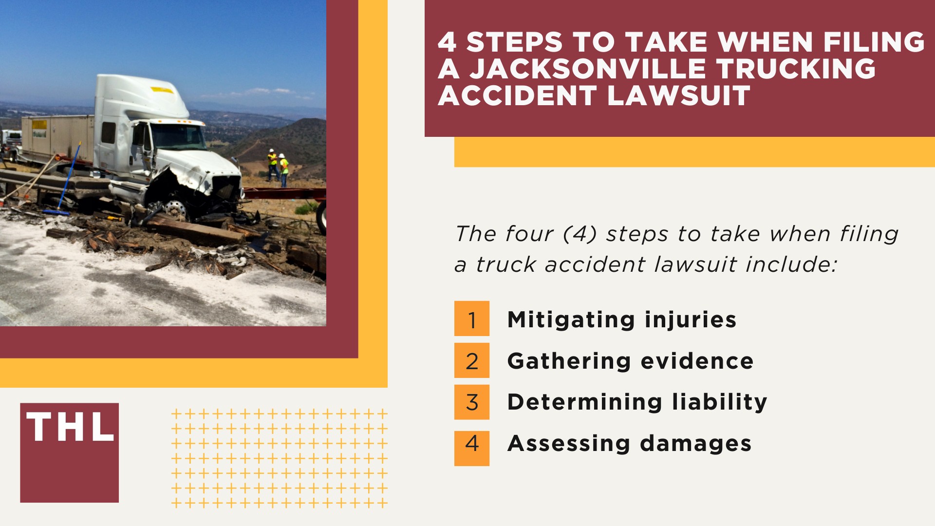 The #1 Jacksonville Truck Accident Lawyer; Jacksonville Truck Accident Lawyer; 6 Questions to Ask When Hiring a Jacksonville Truck Accident Lawyer; Commercial Truck Accidents in Jacksonville, Illinois (IL); Truck Accident Facts & Statistics; Jacksonville Commercial Trucking Rules & Safety Regulations for Truck Drivers; The 8 Most Common Causes of Truck Accidents in Jacksonville (IL); 4 Steps to Take When Filing a Jacksonville Trucking Accident Lawsuit