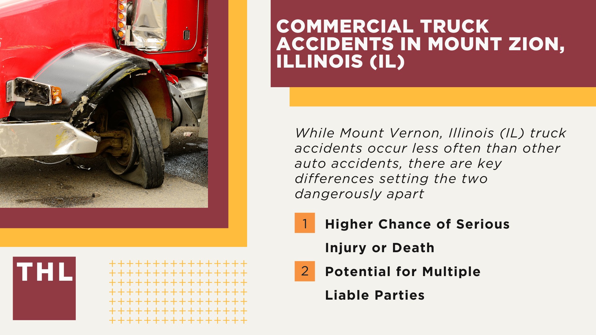 The #1 Mount Zion Truck Accident Lawyer; Mount Zion Truck Accident Lawyer; 6 Questions to Ask When Hiring a Mount Zion Truck Accident Lawyer; Commercial Truck Accidents in Mount Zion, Illinois (IL); Truck Accident Facts & Statistics; Mount Zion Commercial Trucking Rules & Safety Regulations for Truck Drivers; The 8 Most Common Causes of Truck Accidents in Mount Zion (IL); 4 Steps to Take When Filing a Mount Zion Trucking Accident Lawsuit; TORHOERMAN LAW The #1 Truck Accident Attorney Mount Zion Has to Offer!