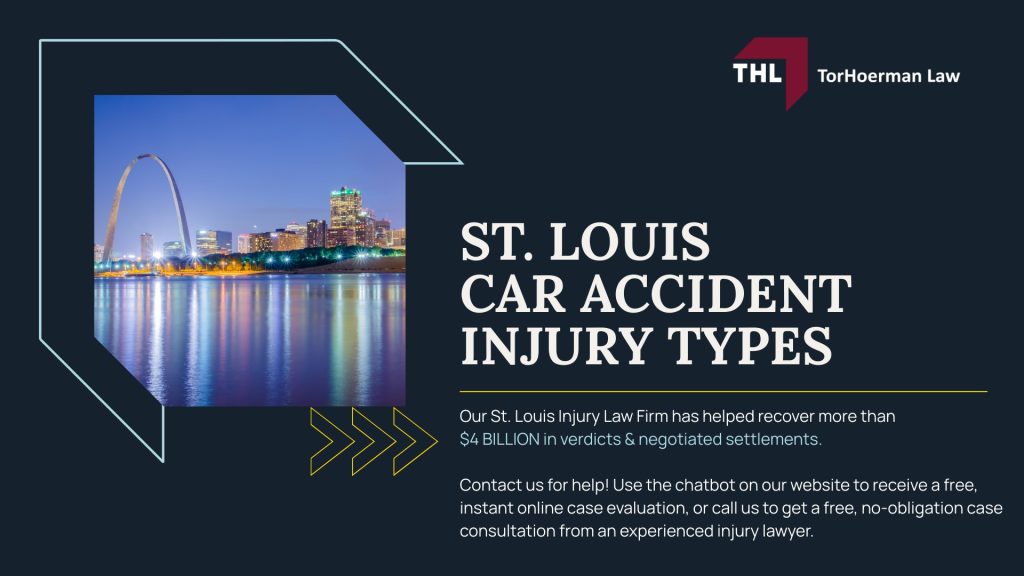 Different Types Of Car Accident Injuries; Different Types Of Car Accident Injuries; By Area Of Body Affected; Different Car Accident Injuries; Common Types Of Car Accidents; Taking Legal Action After A Car Accident In St. Louis; How An Experienced St. Louis Car Accident Attorney Can Help; TorHoerman Law_ Speak With Our Experienced St. Louis Car Accident Lawyer Today; St. Louis Car Accident Injury Types - FEATURED IMAGE - TorHoerman Law