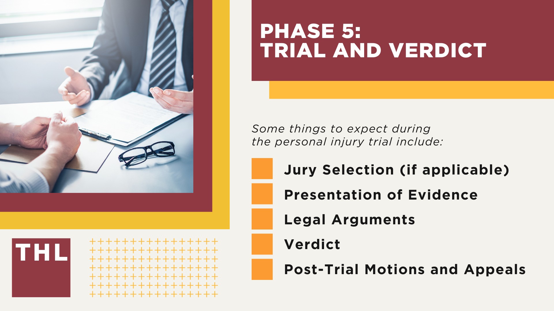Phase 1_ Accident and Injury Documentation; Phase 2_ Filing of the Lawsuit; Phase 3_ Discovery Phase; Phase 4_ Mediation and Negotiation; Phase 5_ Trial and Verdict