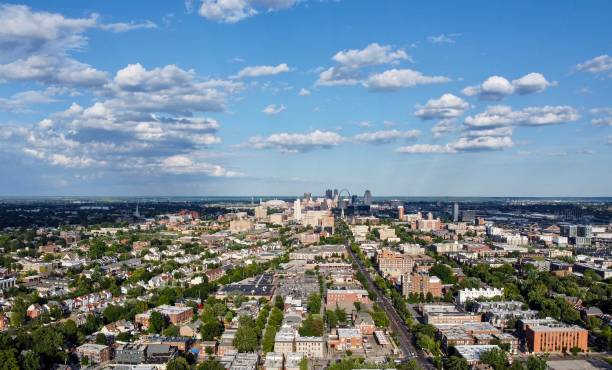 An aerial view of the neighborhoods to the west of or downtown St Louis