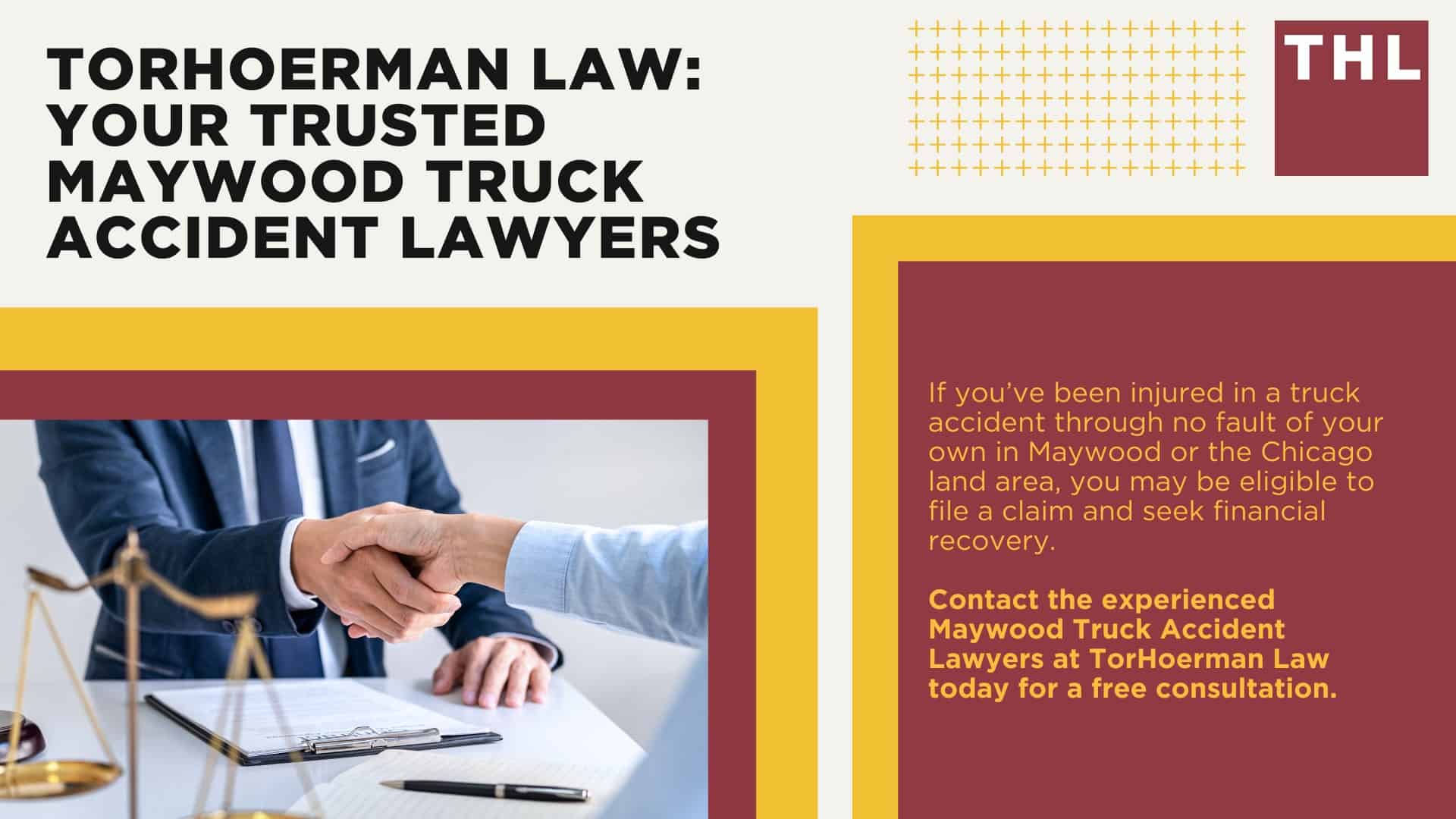 Maywood Truck Accident Lawyer; How Can a Maywood Truck Accident Lawyer from TorHoerman Law Help You; How Much Does it Cost to Hire a Maywood Truck Accident Attorney from TorHoerman Law;  Meet Our Maywood Truck Accident Attorneys; Our Founder and Experienced Truck Accident Lawyer_ Tor Hoerman; Our Maywood Truck Accident Lawyers Get Results; What To Do After a Truck Accident in Maywood, IL; Gathering Evidence for a Truck Accident Case; Common Damages in Truck Accident Cases; The Legal Process for Truck Accident Claims in Maywood; Common Truck Accident Injuries; Common Causes of Semi-Truck Accidents; Chicago Truck and Auto Accident Statistics; TorHoerman Law_ Your Trusted Maywood Truck Accident Lawyers