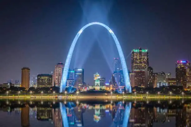 The St. Louis city skyline with Gateway Arch photographed at sunset