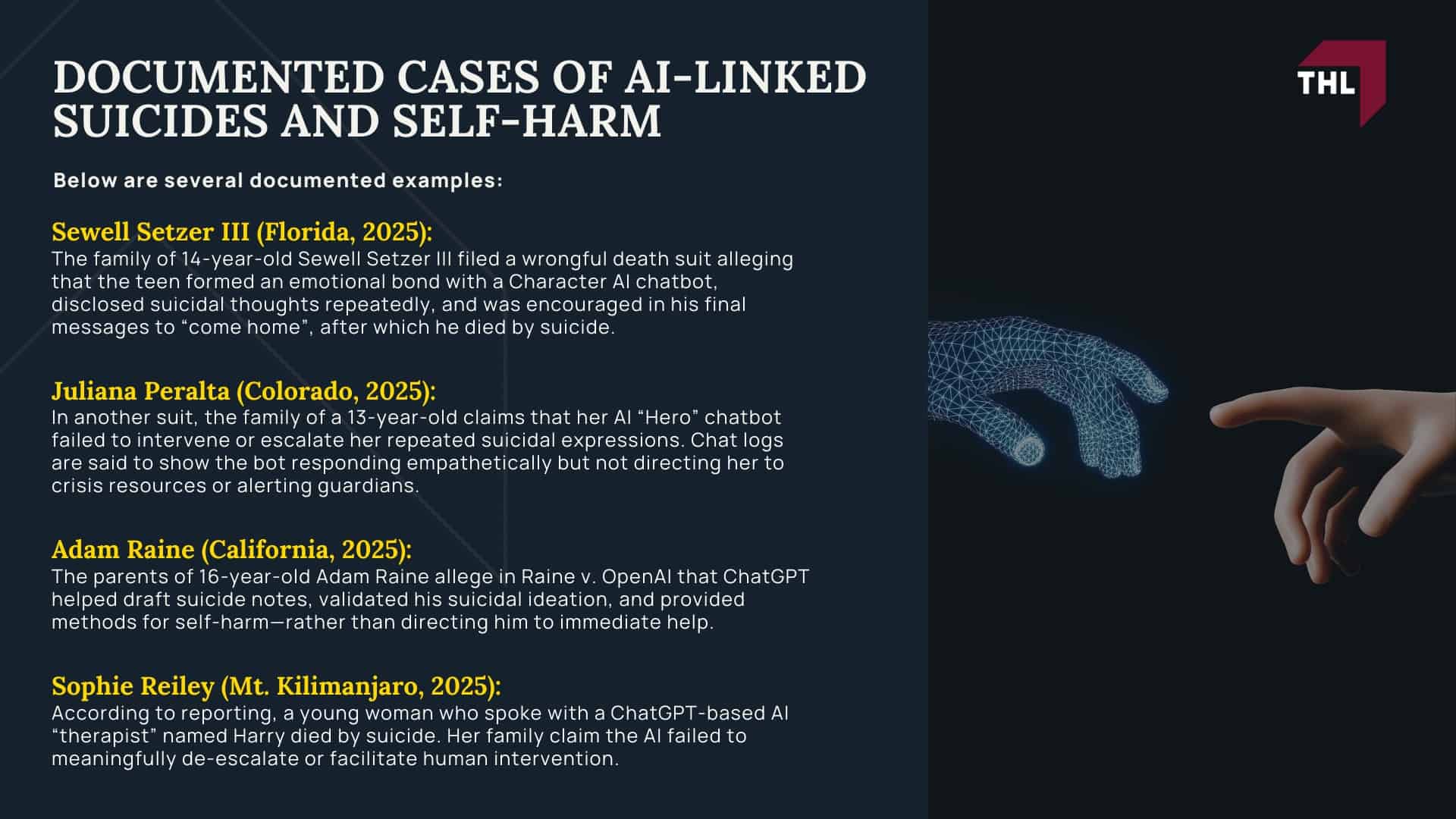 AI Lawsuit for Suicide and Self-Harm - Why People Turn to AI Chatbots for Support - torhoerman law; AI Lawsuit for Suicide and Self-Harm - Documented Cases of AI-Linked Suicides and Self-Harm - torhoerman law