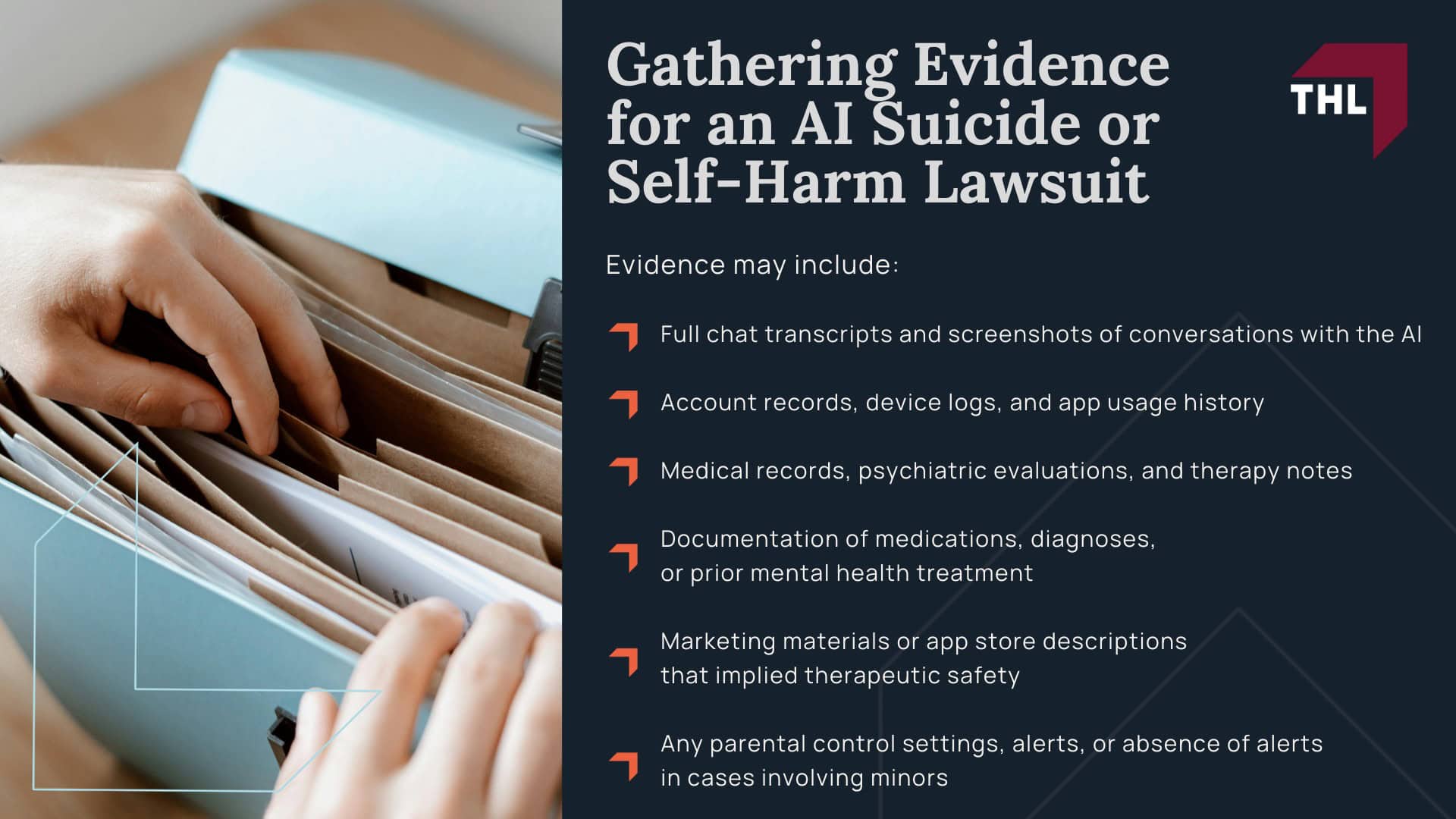 AI Lawsuit for Suicide and Self-Harm - Why People Turn to AI Chatbots for Support - torhoerman law; AI Lawsuit for Suicide and Self-Harm - Documented Cases of AI-Linked Suicides and Self-Harm - torhoerman law; AI Lawsuit for Suicide and Self-Harm - Failures of Safeguards in AI Systems - torhoerman law; AI Lawsuit for Suicide and Self-Harm - Could AI Companies Be Held Responsible_ - torhoerman law; AI Lawsuit for Suicide and Self-Harm - Legal Theories in AI Suicide & Self-Harm Cases - torhoerman law; AI Lawsuit for Suicide and Self-Harm - Who Qualifies for an AI Suicide or Self-Harm Lawsuit_ - torhoerman law; AI Lawsuit for Suicide and Self-Harm - The Role of a Lawyer for an AI Lawsuit - torhoerman law; AI Lawsuit for Suicide and Self-Harm - Gathering Evidence for an AI Suicide or Self-Harm Lawsuit - torhoerman law