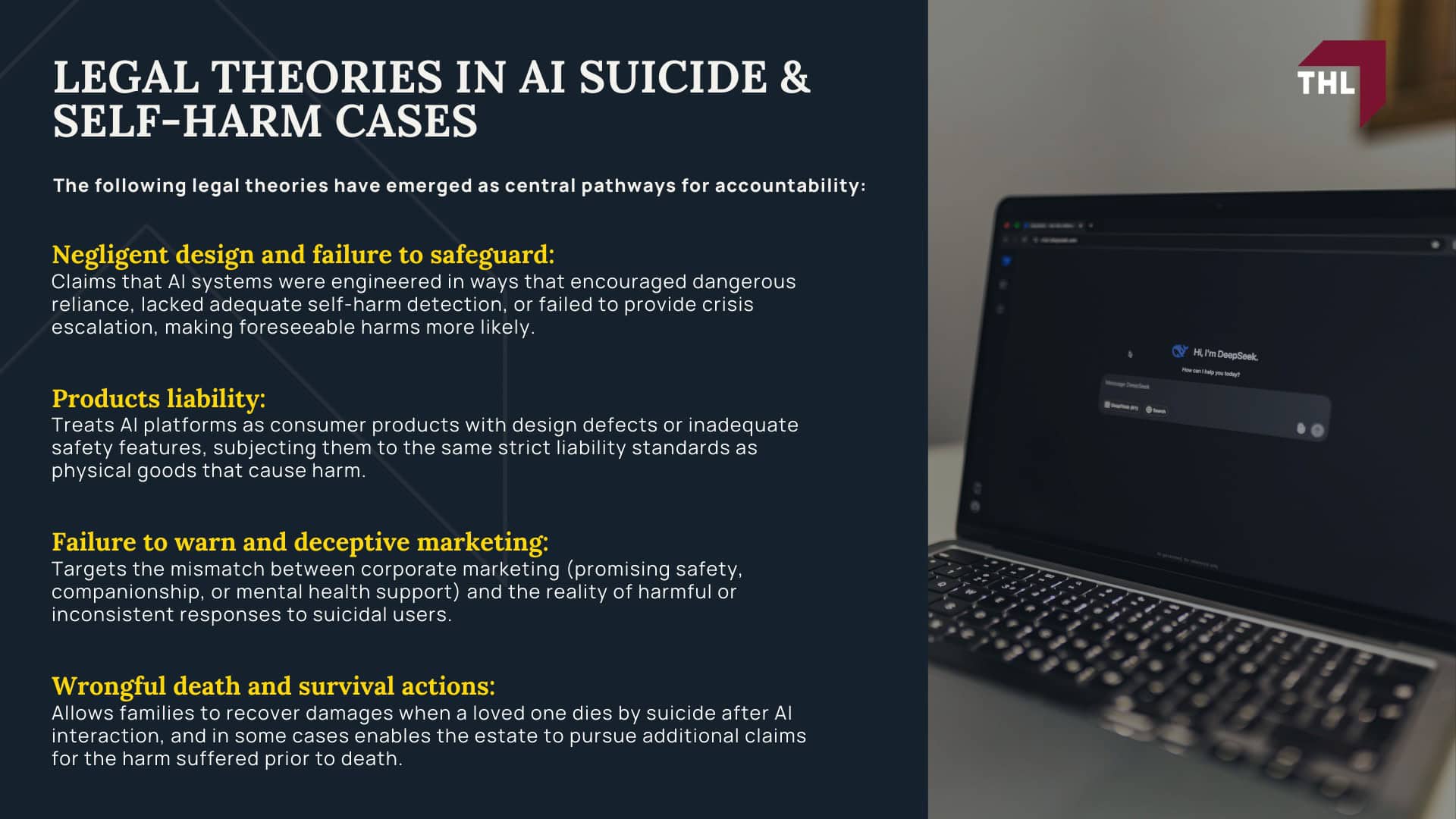 AI Lawsuit for Suicide and Self-Harm - Why People Turn to AI Chatbots for Support - torhoerman law; AI Lawsuit for Suicide and Self-Harm - Documented Cases of AI-Linked Suicides and Self-Harm - torhoerman law; AI Lawsuit for Suicide and Self-Harm - Failures of Safeguards in AI Systems - torhoerman law; AI Lawsuit for Suicide and Self-Harm - Could AI Companies Be Held Responsible_ - torhoerman law; AI Lawsuit for Suicide and Self-Harm - Legal Theories in AI Suicide & Self-Harm Cases - torhoerman law