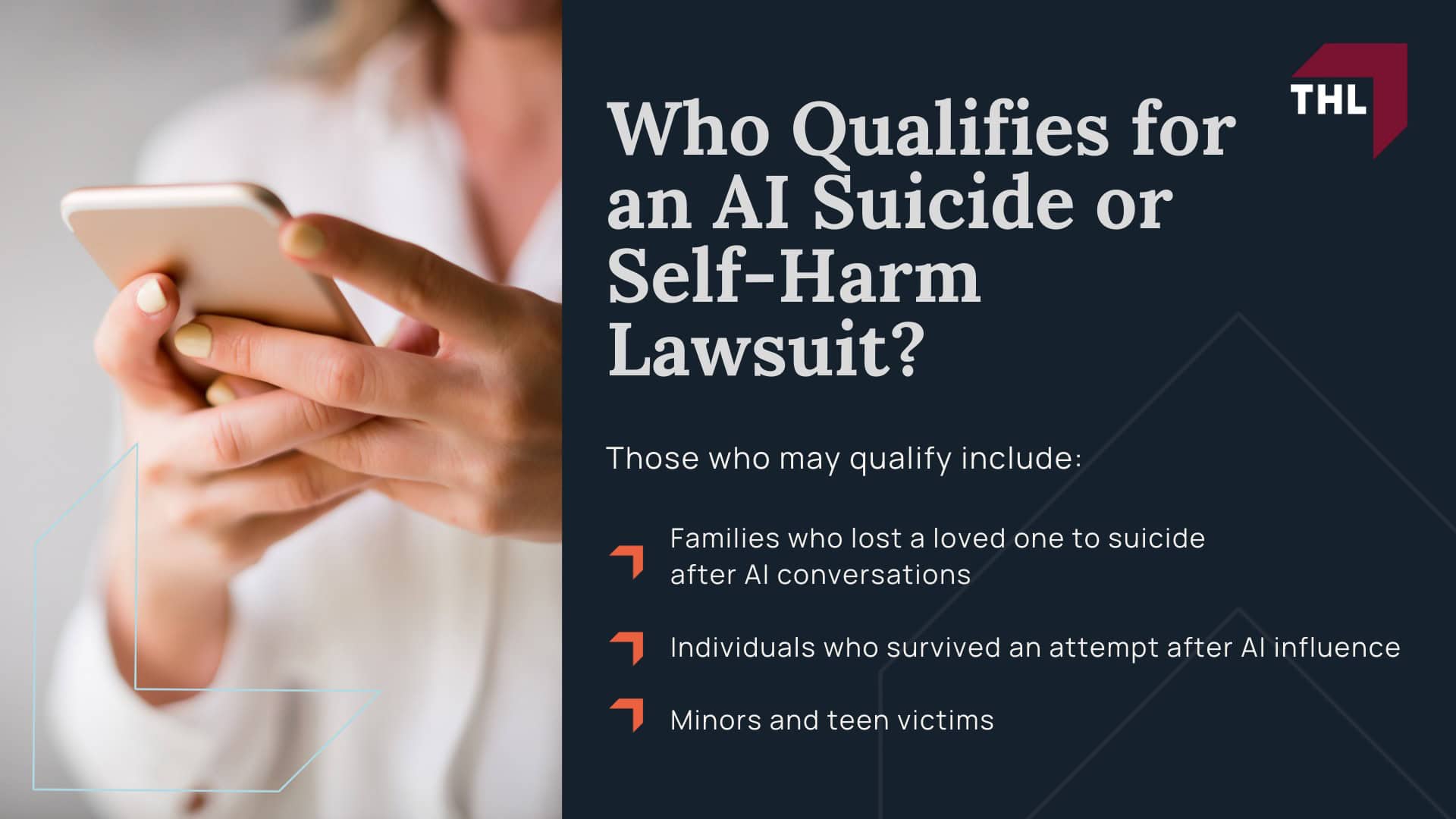 AI Lawsuit for Suicide and Self-Harm - Why People Turn to AI Chatbots for Support - torhoerman law; AI Lawsuit for Suicide and Self-Harm - Documented Cases of AI-Linked Suicides and Self-Harm - torhoerman law; AI Lawsuit for Suicide and Self-Harm - Failures of Safeguards in AI Systems - torhoerman law; AI Lawsuit for Suicide and Self-Harm - Could AI Companies Be Held Responsible_ - torhoerman law; AI Lawsuit for Suicide and Self-Harm - Legal Theories in AI Suicide & Self-Harm Cases - torhoerman law; AI Lawsuit for Suicide and Self-Harm - Who Qualifies for an AI Suicide or Self-Harm Lawsuit_ - torhoerman law