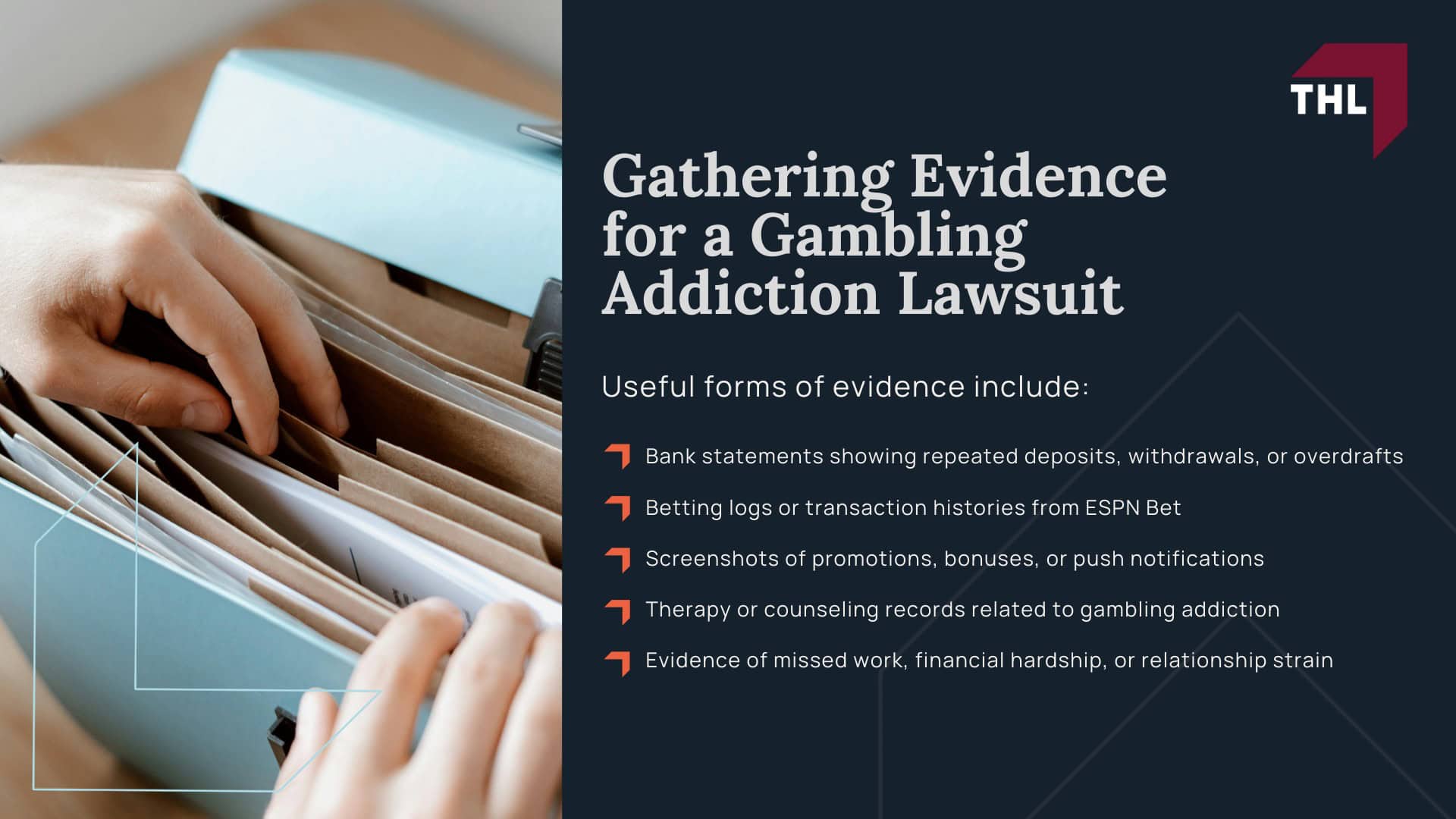 ESPN Bet Lawsuit for Online Gambling Addiction - ESPN Bet Gambling Addiction Lawsuit Overview - torhoerman law; ESPN Bet Lawsuit for Online Gambling Addiction - What Is Being Alleged Against Major Gambling Companies - torhoerman law; ESPN Bet Lawsuit for Online Gambling Addiction - Cases and Regulatory Actions Involving Online Sportsbooks - torhoerman law; ESPN Bet Lawsuit for Online Gambling Addiction - Who Qualifies for the ESPN Bet Lawsuit - torhoerman law; ESPN Bet Lawsuit for Online Gambling Addiction - Gathering Evidence for a Gambling Addiction Lawsuit - torhoerman law