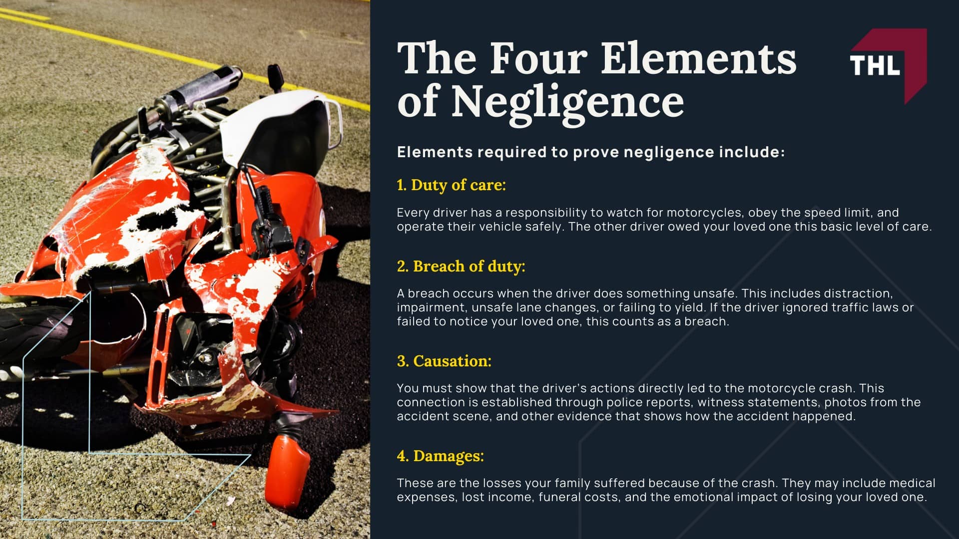 Seeking Compensation for a Fatal Motorcycle Crash - The Severity and Risks of Fatal Motorcycle Crashes; What a Wrongful Death Lawsuit Means After a Motorcycle Accident; Seeking Compensation for a Fatal Motorcycle Crash - Wrongful Death vs Survival Actions - torhoerman law; Seeking Compensation for a Fatal Motorcycle Crash - Why Fatal Motorcycle Crashes Often Lead to Wrongful Death Cases; Seeking Compensation for a Fatal Motorcycle Crash - Who the Compensation Is Designed To Help - torhoerman law; Seeking Compensation for a Fatal Motorcycle Crash - When a Wrongful Death Lawsuit Is Appropriate - torhoerman law; Who Can File a Wrongful Death Lawsuit After a Motorcycle Crash; Seeking Compensation for a Fatal Motorcycle Crash - Requirements for Bringing a Wrongful Death Claim - torhoerman law; Seeking Compensation for a Fatal Motorcycle Crash - How To Prove Liability in a Fatal Motorcycle Accident - torhoerman law; Seeking Compensation for a Fatal Motorcycle Crash - The Four Elements of Negligence - torhoerman law