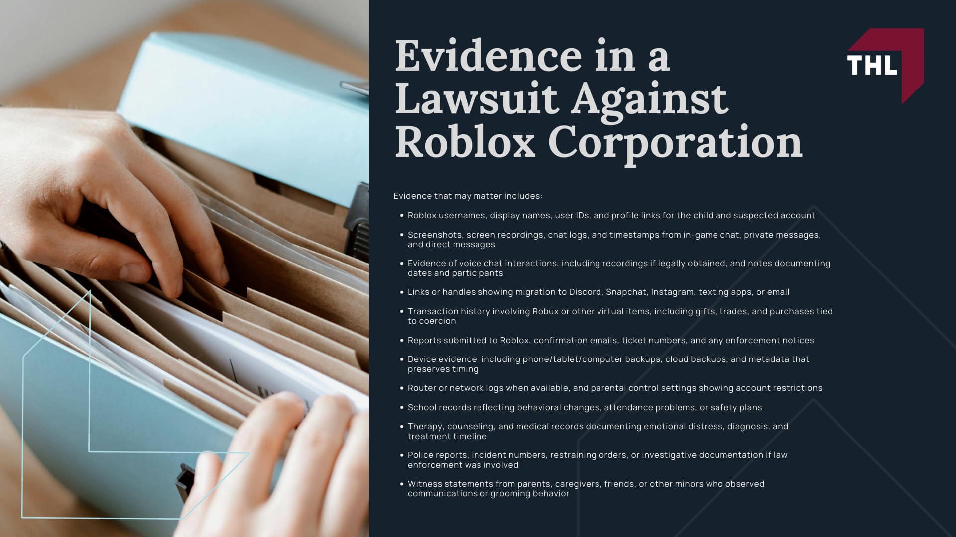 Roblox Predator Lawsuit - Roblox Lawsuits_ Investigating Child Predators on the Roblox Platform - torhoerman law; Roblox Predator Lawsuit - Types of Abuse and Exploitation That Occur on Roblox - torhoerman law; Roblox Predator Lawsuit - Do You Qualify for the Roblox Predator Lawsuit_ - torhoerman law; Roblox Predator Lawsuit - Evidence in a Lawsuit Against Roblox Corporation - torhoerman law